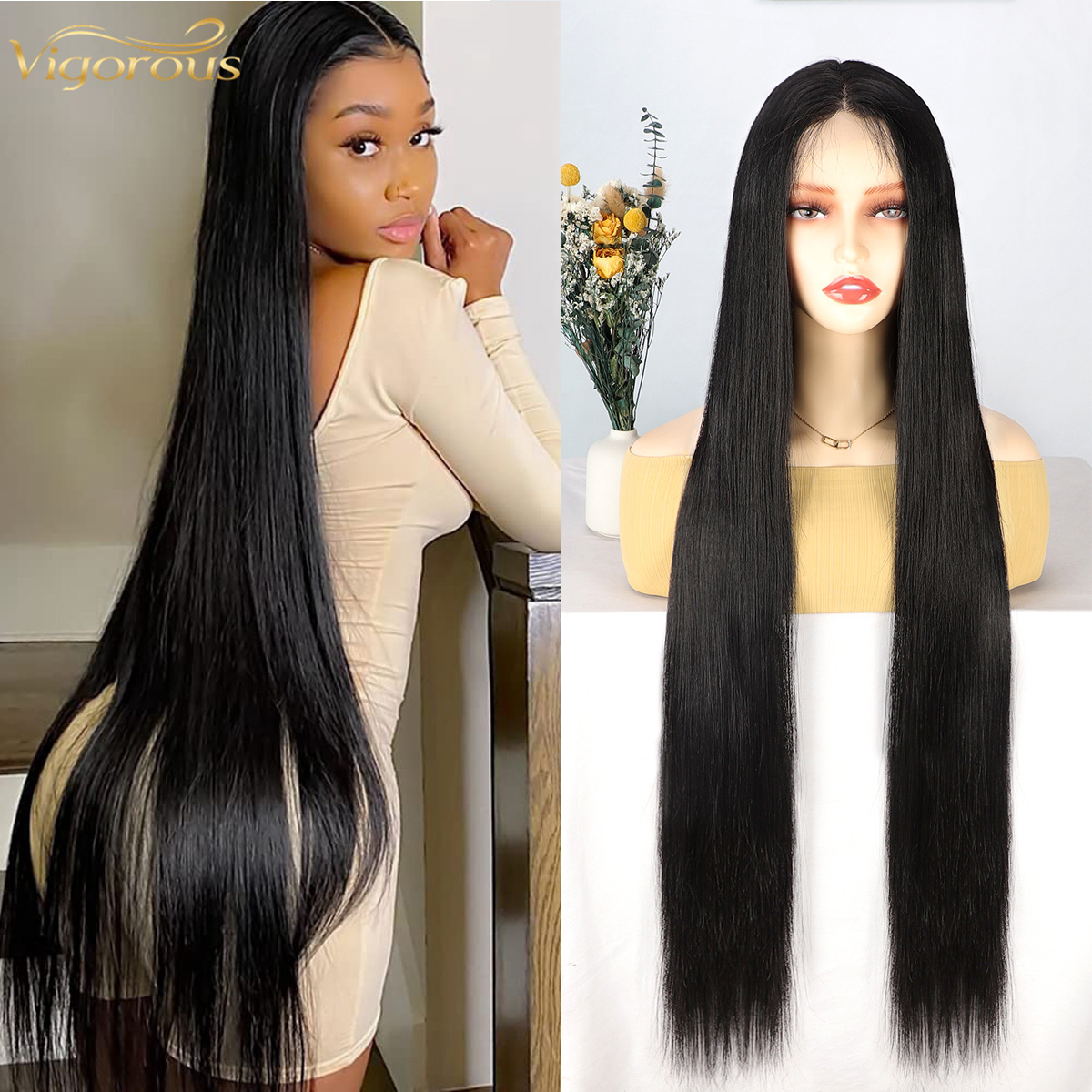 Wholesale 38' high quality cheap synthetic wigs with frontal heat resistant 13*4 lace front long black hair wig for black women