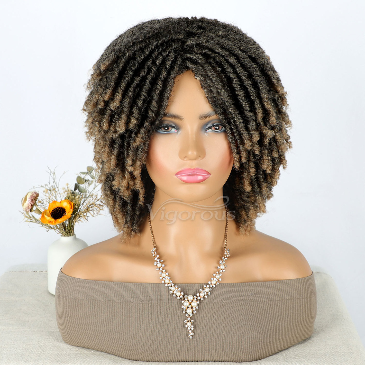 Vigorous Curly Heat Resistant Synthetic Daily Party Glueless Wig Short Braided Twist Dreadlock Wigs for Woman