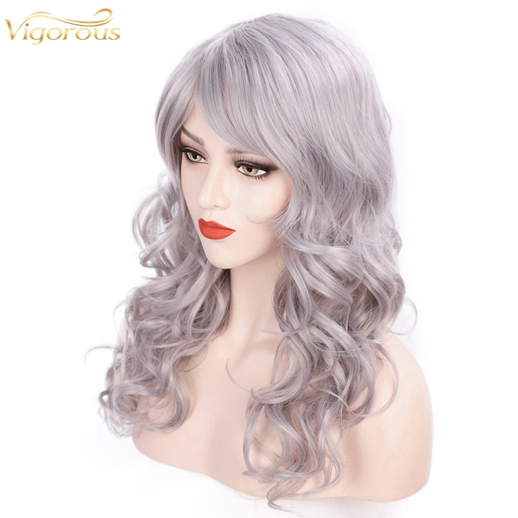 Vigorous No Lace Front  Natural Cosplay Heat Resistant Synthetic 24 Inch Long Wavy Grey Wig For Women Side Part Wig Cosplay Use