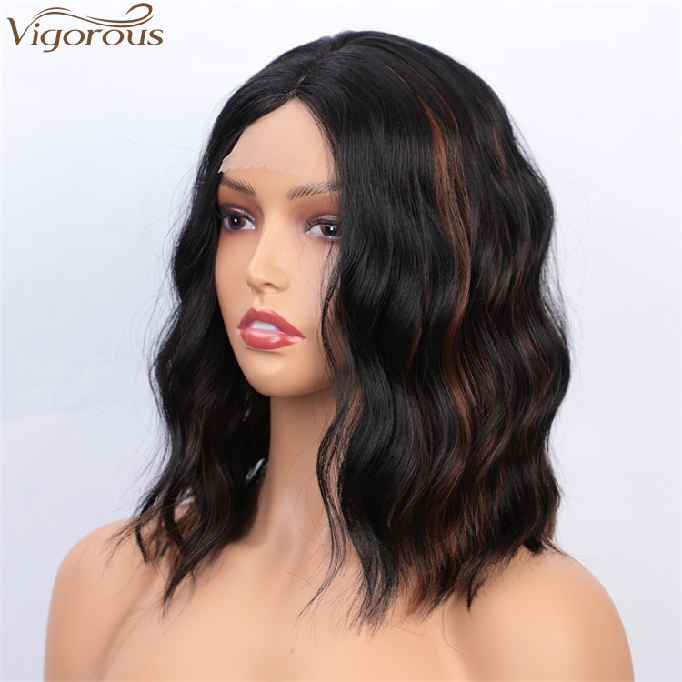 Cheap price body wave two tone color short bob hair curly lace wigs for black women natural looking short synthetic lace wig