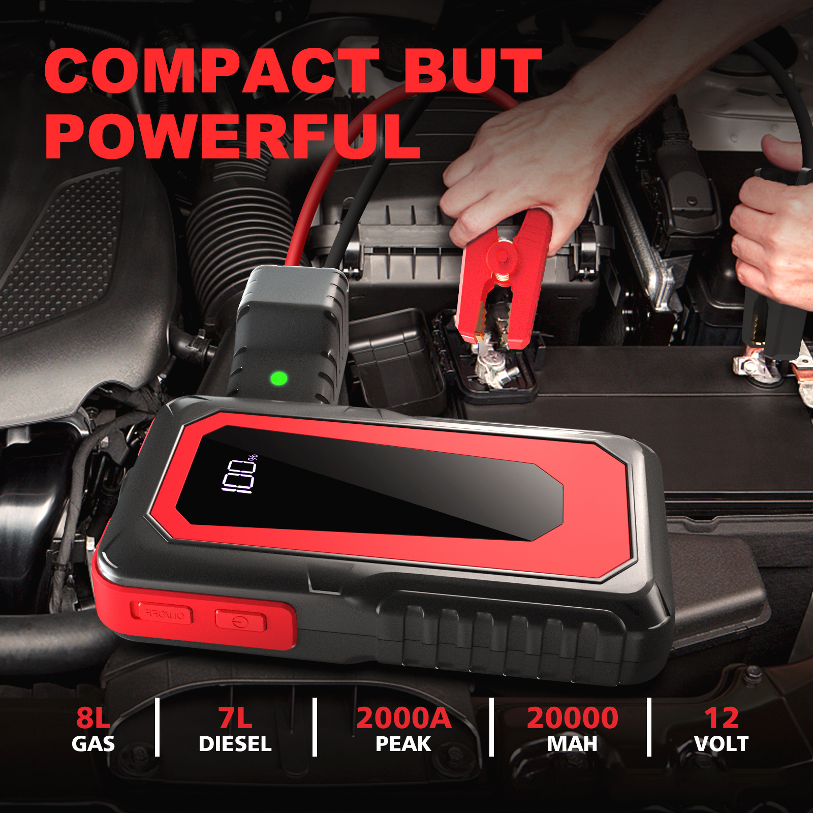 12V 2000mAh Portable Quick Charging Car Booster Pack Car Battery Jump Starter Diesel Engines with LED