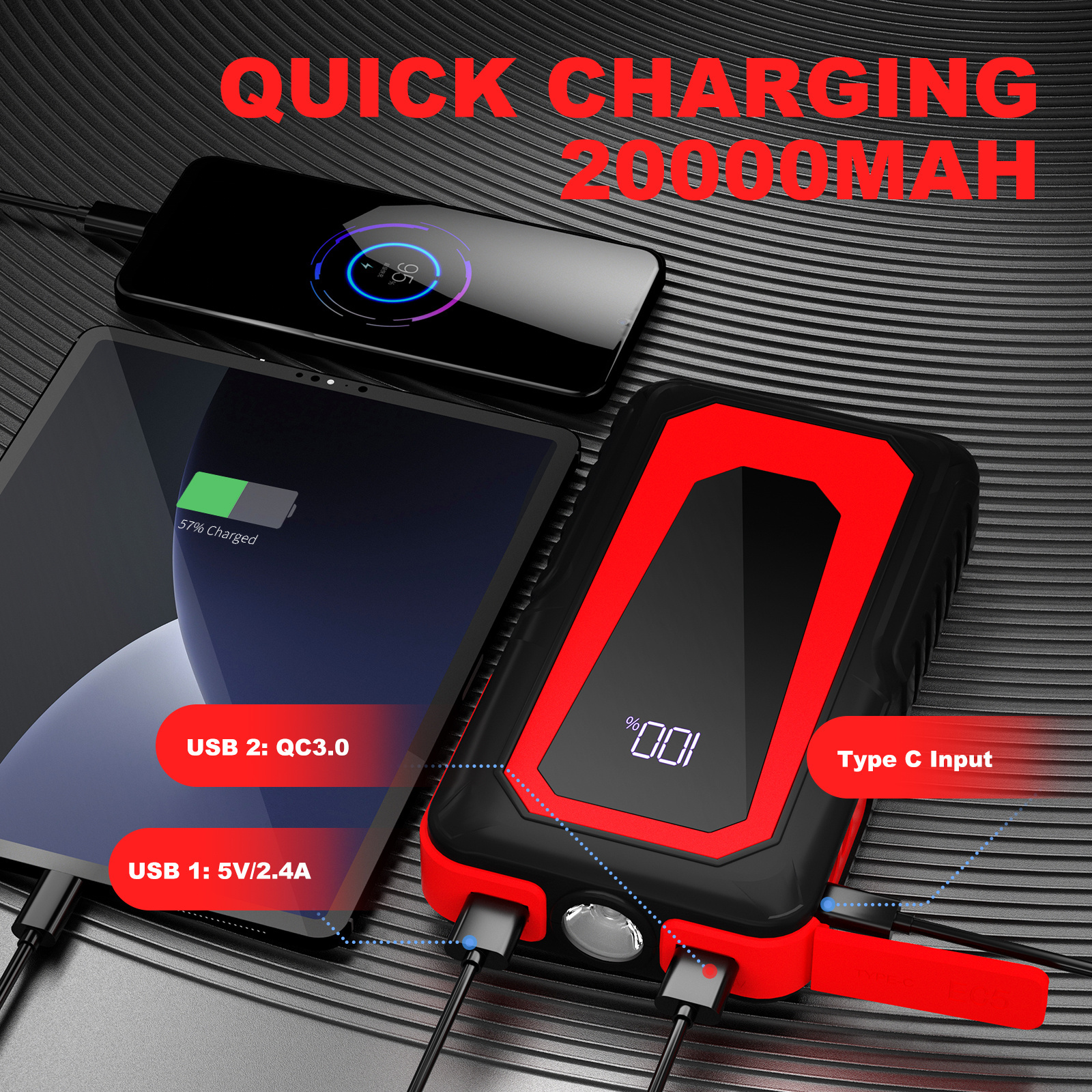 12V 2000mAh Portable Quick Charging Car Booster Pack Car Battery Jump Starter Diesel Engines with LED