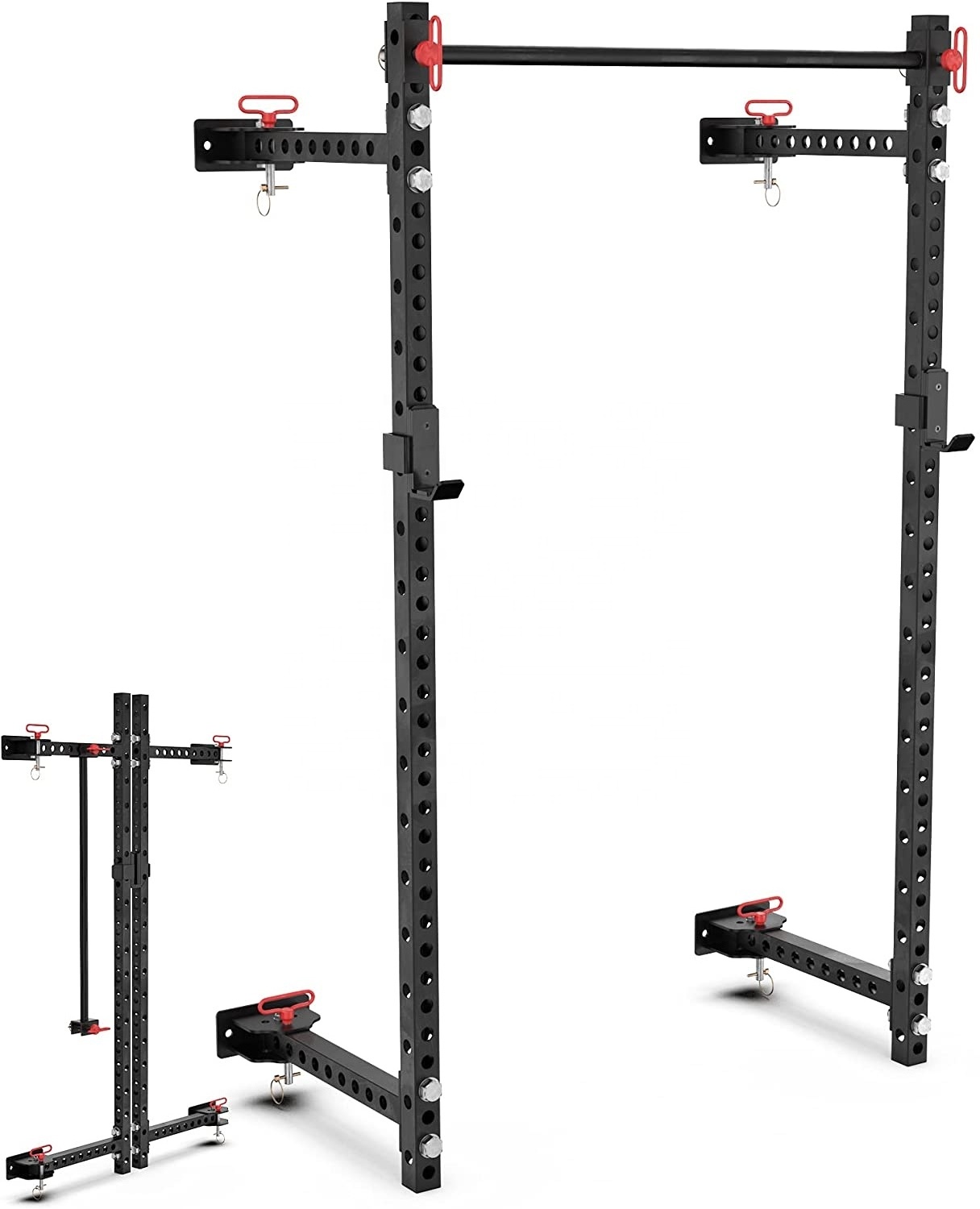 Folding Wall-Mounted Squat Rack with Pull Up Bar and J Hook Free Standing Strength Bodyweight Exercise Stand