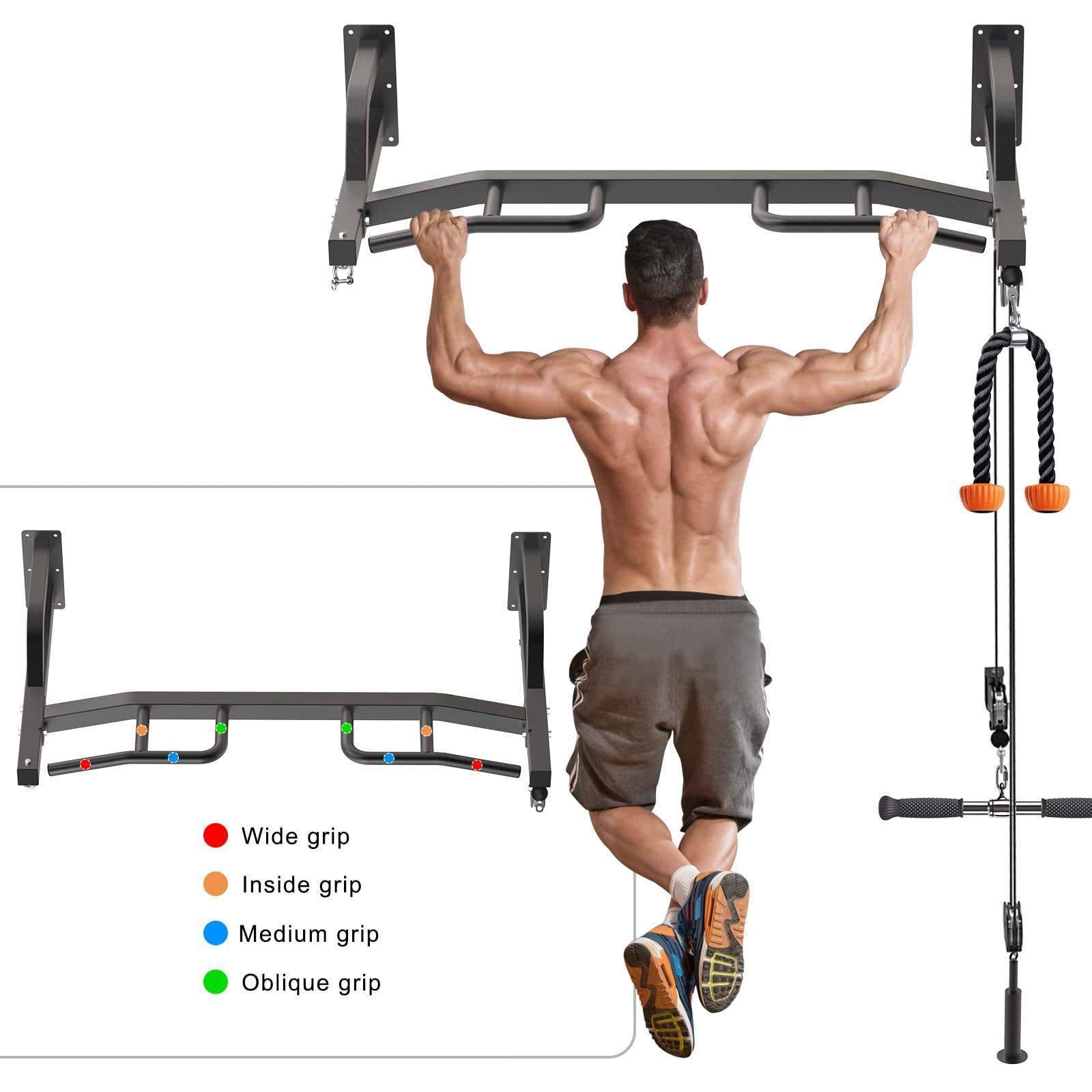 Professional Muscleup Training Heavy Duty Wall Mounted Doorway Pull Up Bar With Multifunction Cable Pulley System