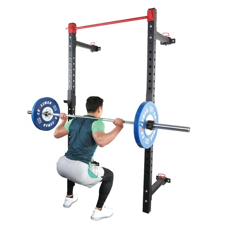 Folding Wall-Mounted Squat Rack with Pull Up Bar and J Hook Free Standing Strength Bodyweight Exercise Stand