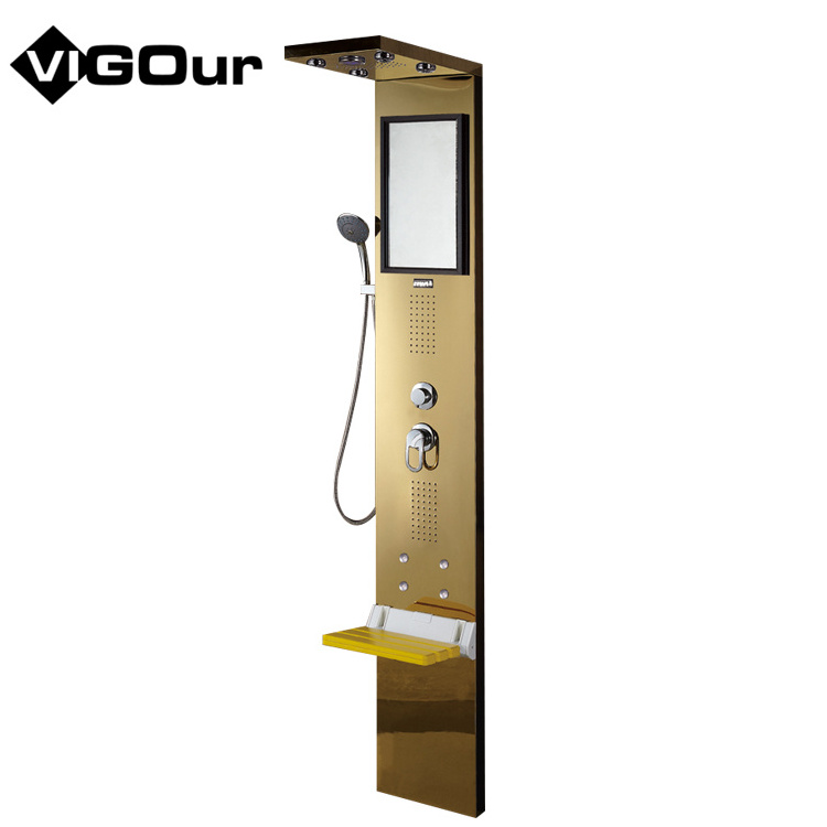 Gold Outdoor Shower Column Set Mirror Shower Panel Faucet #BS-6965