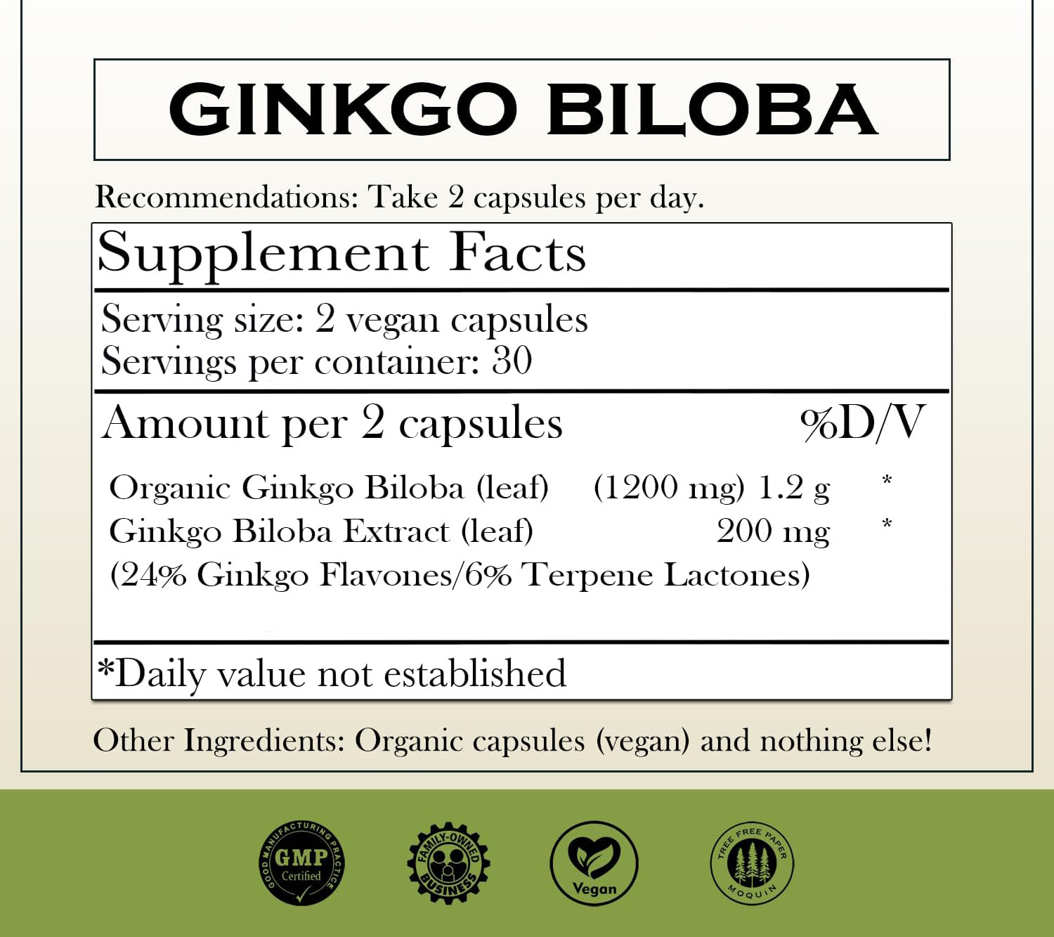 Vegan Ginkgo Biloba Capsules Certified Organic Pure Extract Herbal Supplement Pill for Healthy Memory Support & Brain Cognitive