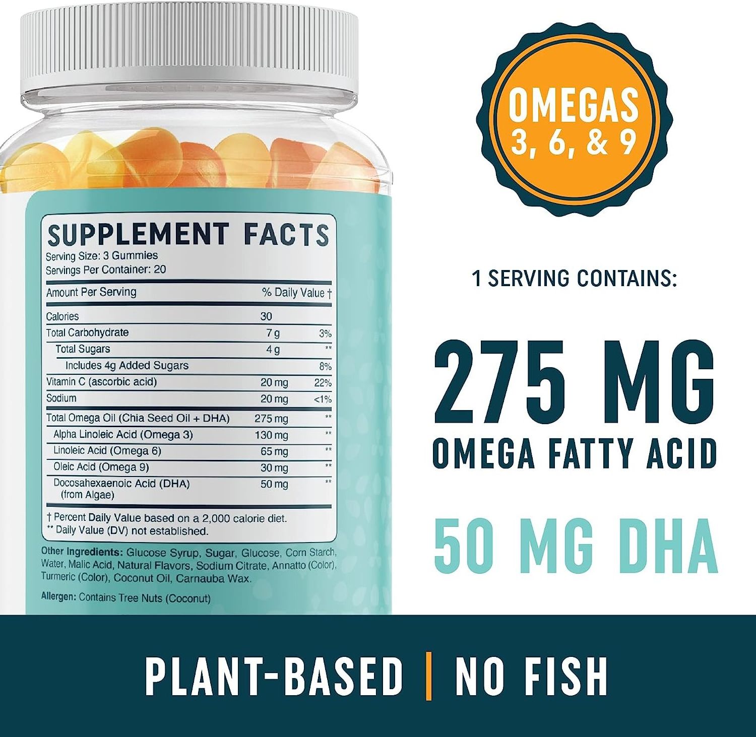 Omega 3 6 9 + DHA Gummies Plant-Based Chia Seed Oil & Algae DHA Essential Fatty Acid Supplements for Adults and Children