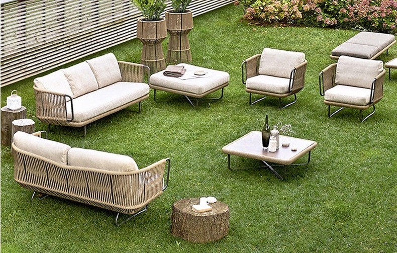 Contemporary outdoor leisure furniture X shaped aluminum base fabric upholstered ottoman stool