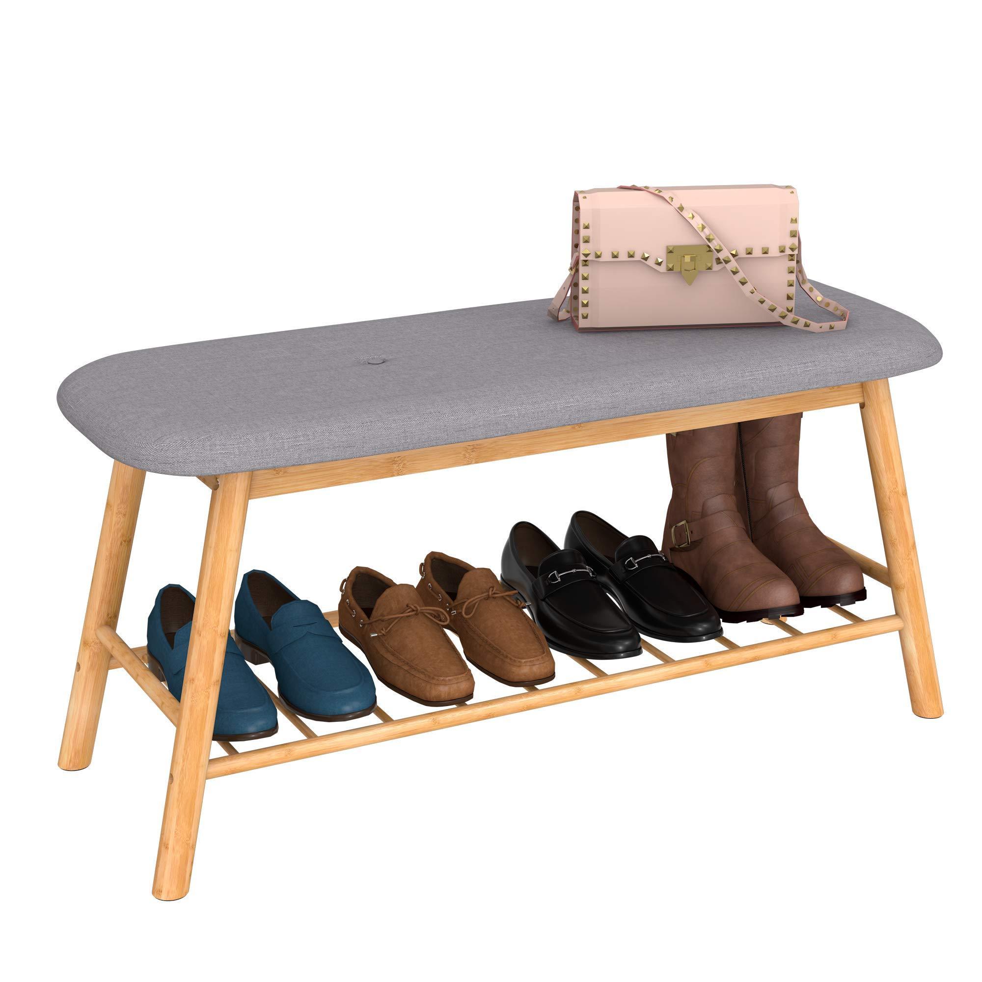 New design bamboo Shoe Rack Bench with 2 Tiers Display Storage and Organizer shoe rack with soft cushion bench