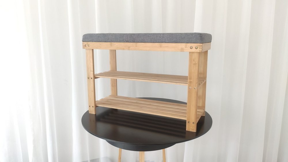 Solid bamboo shoe display shelf stand storage organizer 3-Tier bamboo shoe racks with bench seat cushion