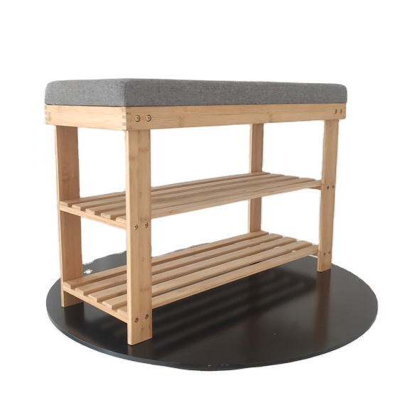 Solid bamboo shoe display shelf stand storage organizer 3-Tier bamboo shoe racks with bench seat cushion