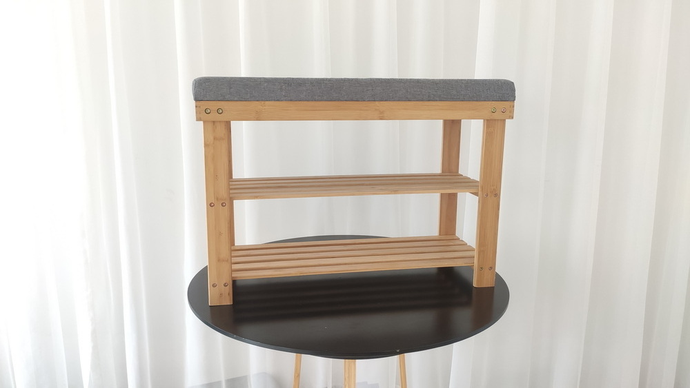 Solid bamboo shoe display shelf stand storage organizer 3-Tier bamboo shoe racks with bench seat cushion