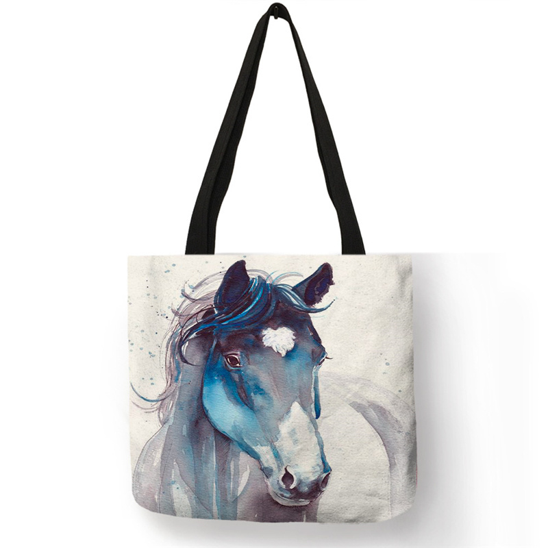 Cartoon design animal horse printing handbag custom shopping bag linen fabric casual linen tote bags