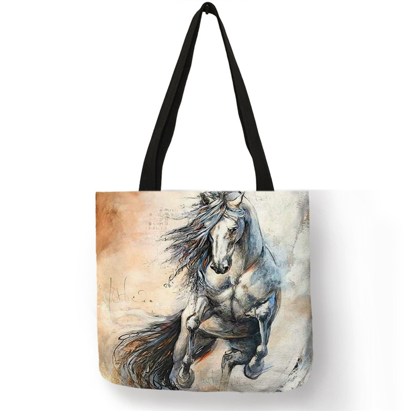 Cartoon design animal horse printing handbag custom shopping bag linen fabric casual linen tote bags