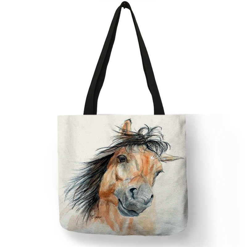 Cartoon design animal horse printing handbag custom shopping bag linen fabric casual linen tote bags