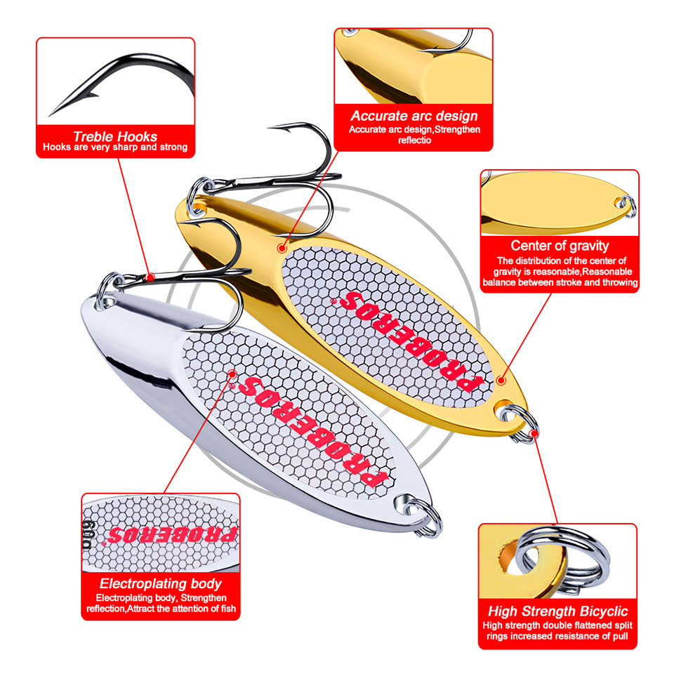 SaltWater Fish  3-60gram Fishing Spoon Metal Gold Silver Color Spoon Lures for Trout with Treble Hook