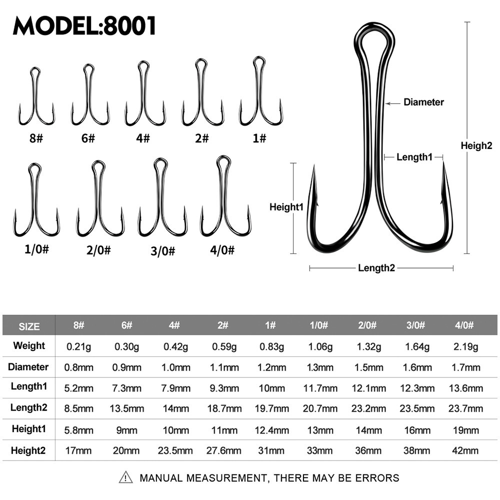 High Strength Double Hook 8# - 4/0# , 50pcs/pack Open Shank Frog Hooks Barbed Fish Hook for Saltwater Freshwater