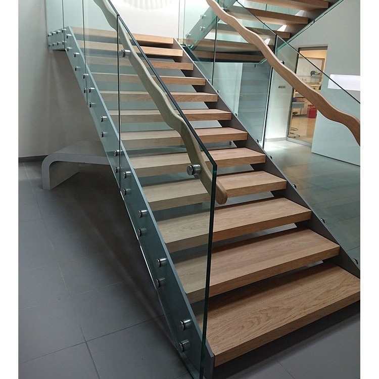 Modern Design Solid Wood Tread Double Cantilevered Steel Stringer Staircase