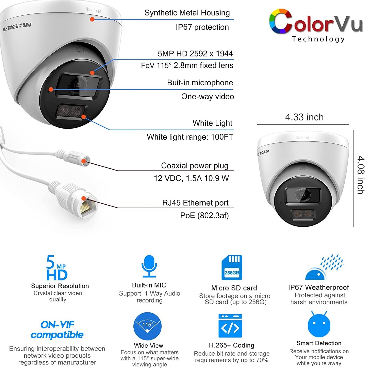 ColorVu 5MP IP PoE Camera Full Color Night Vision Outdoor Built-in Mic SD Card Slot IP67 Waterproof WDR Motion Detection camera