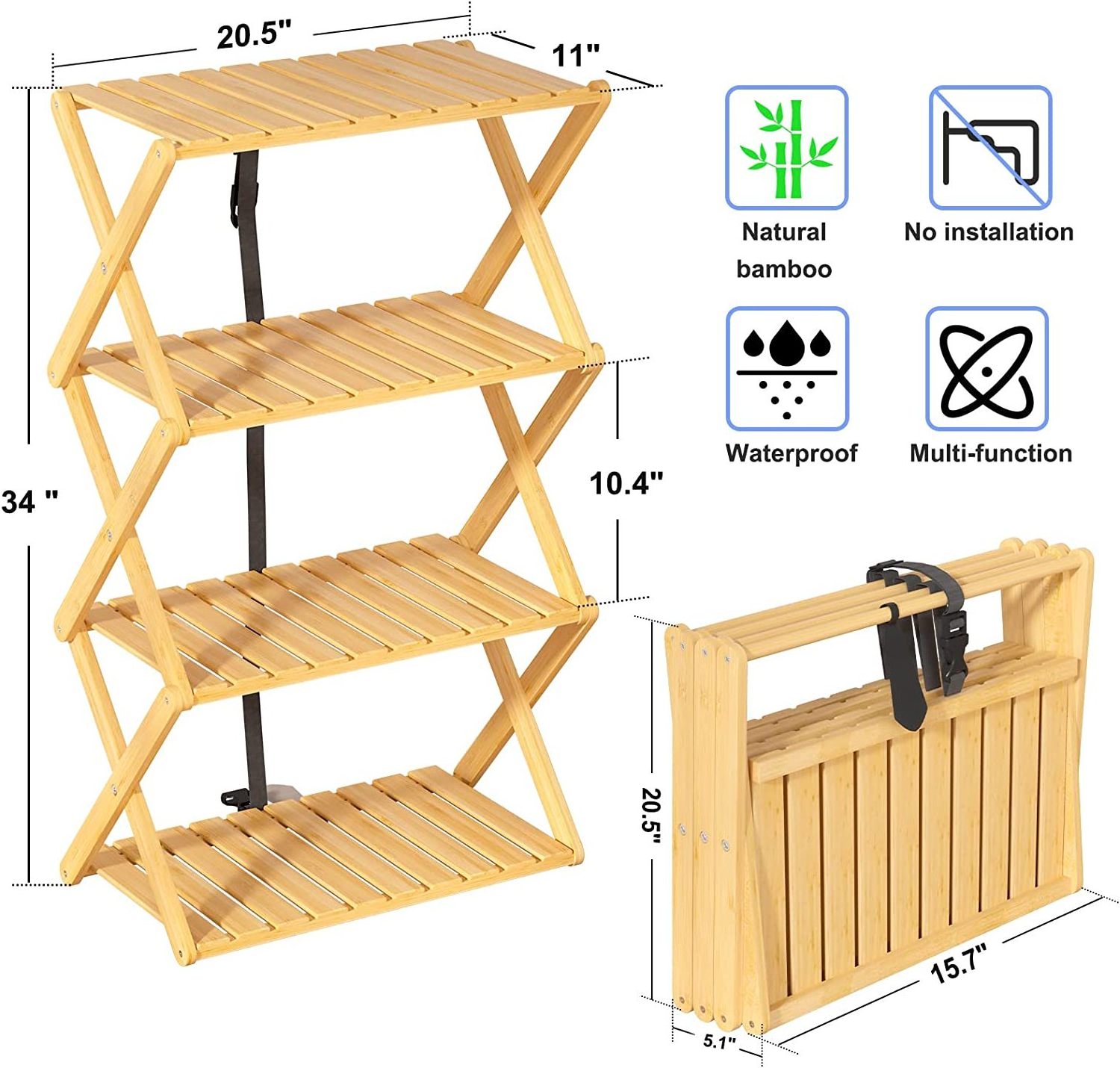 4-Tier Foldable Outdoor Picnic Table, Portable Bamboo Outdoor Shelf for Outdoor Kitchen, RV for Picnic, BBQ