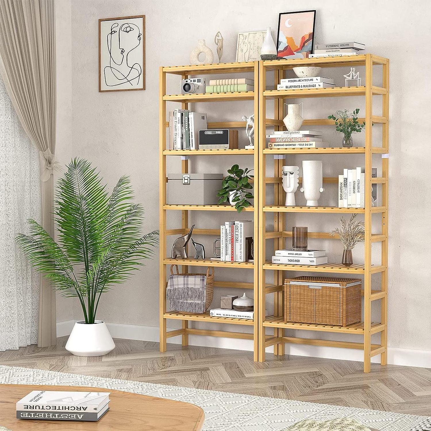 6-Tier Bamboo Adjustable 63.4 inch Tall Bookcase Book Shelf Organizer, Free Standing Storage Shelving Unit for Living Room, Kit