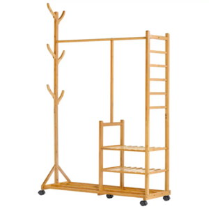 Bamboo Clothes Rails Coat Rack on Wheels Free Standing Garment Hanging Rails with 6 Hooks and 3 Shleves for Dress