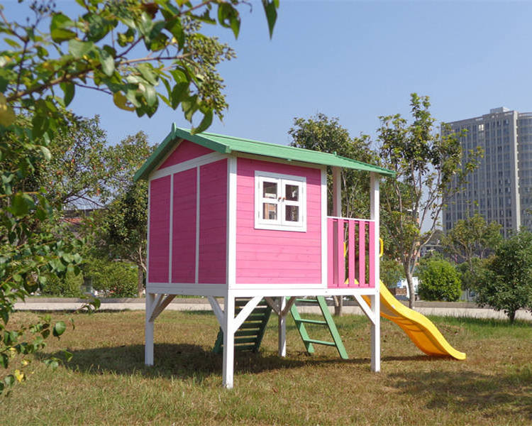 Outdoor children flat pack playhouse cubby with slide Wooden playhouse