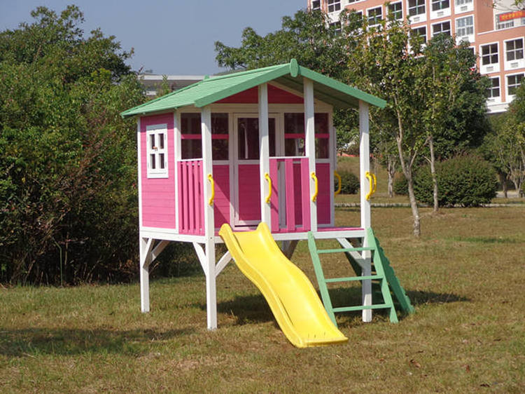 Outdoor children flat pack playhouse cubby with slide Wooden playhouse