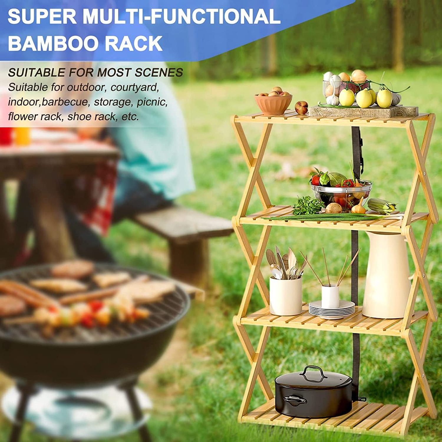 4-Tier Foldable Outdoor Picnic Table, Portable Bamboo Outdoor Shelf for Outdoor Kitchen, RV for Picnic, BBQ