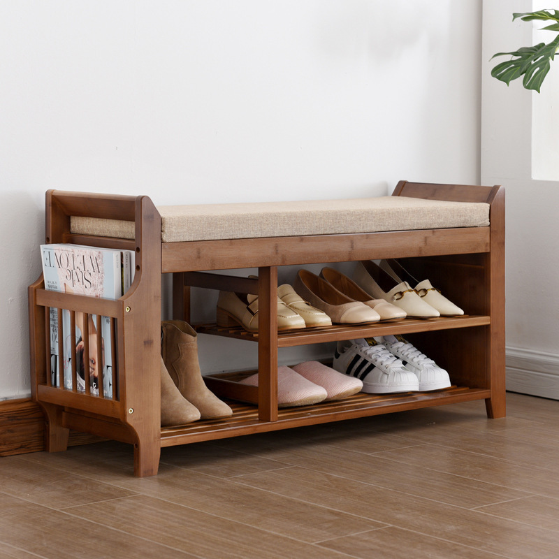 Modern Wooden Versatile Bamboo 2 Shelves Small Shoe Rack Space Saving Outdoor Cabinet Living Room Storage Bench Home