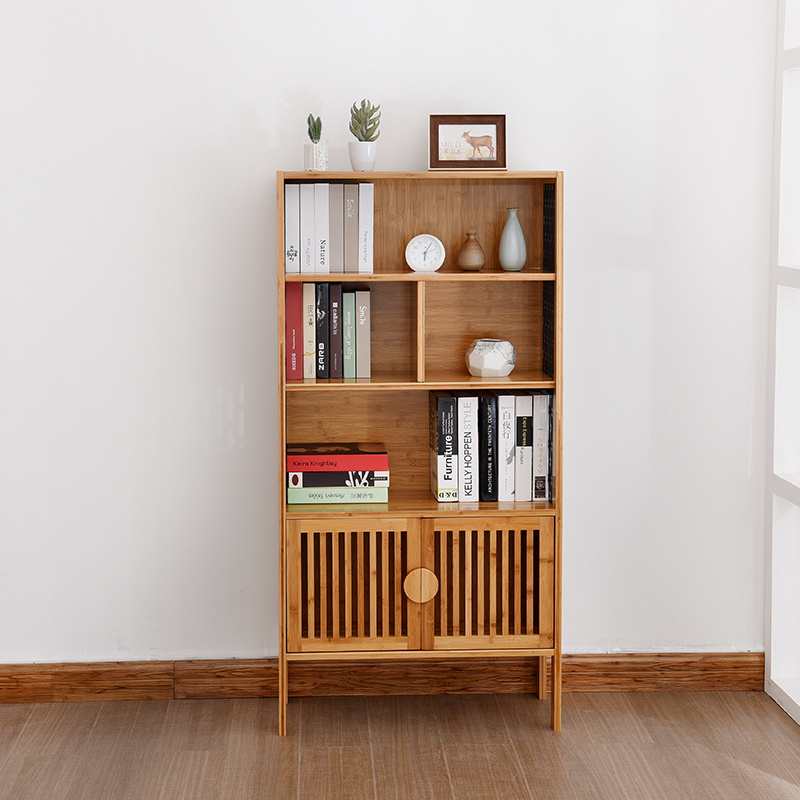 Modern Wooden Bookcase Brown Storage MDF Book Shelf With Doors bamboo rack living room cabinet bookshelf Bookcases