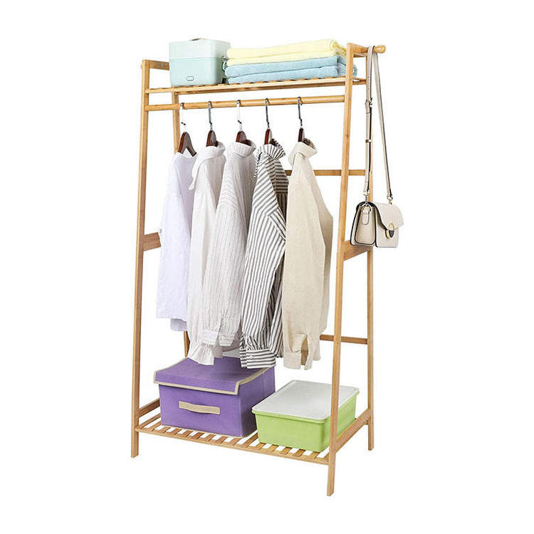 2 Tier Storage Shelves Bamboo Clothes Hanging Rack 2 Coat Hooks Portable Laundry Rack Cloest Organizer Garment Rack