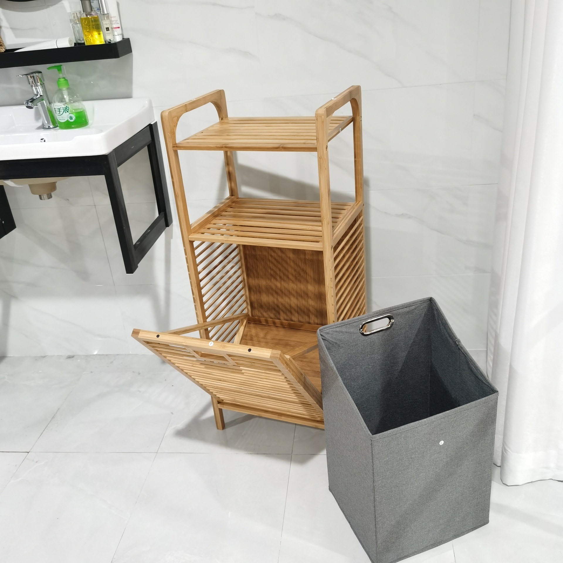 Bamboo fabric laundry basket bathroom bamboo storage rack