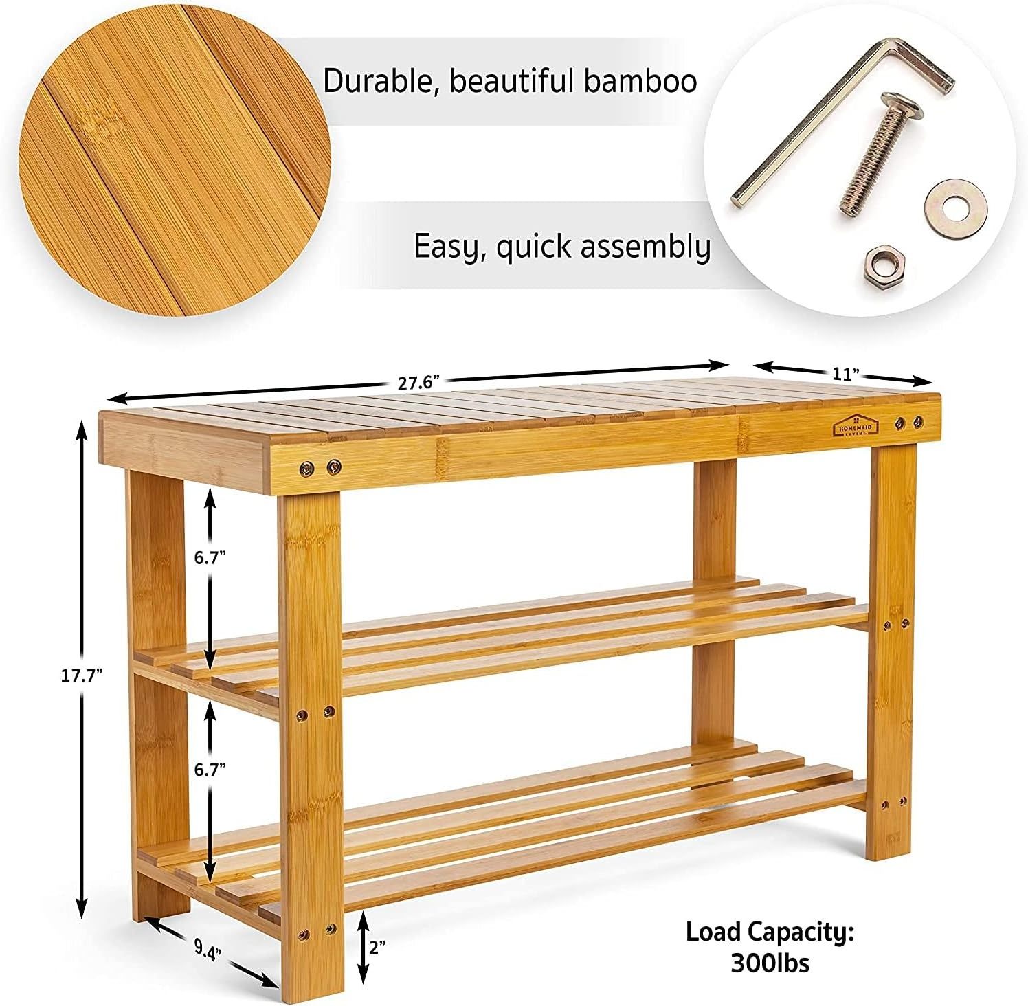 Living Bamboo 3 Tier Shoe Rack Small Bench