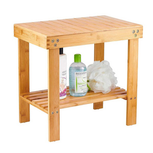 Bamboo Spa Bench Wood Seat Stool Foot Rest Shaving Stool with Non-Slip Feets Storage Shelf for Shampoo Towel