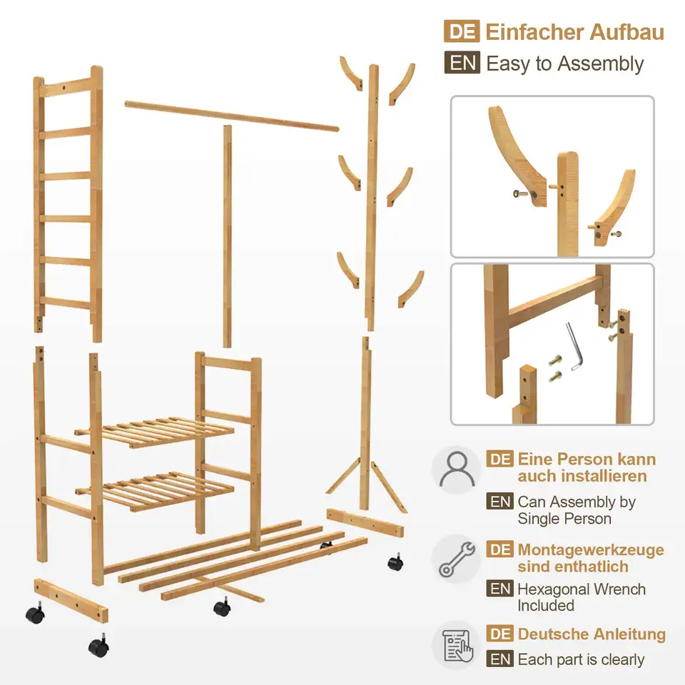 Bamboo Clothes Rails Coat Rack on Wheels Free Standing Garment Hanging Rails with 6 Hooks and 3 Shleves for Dress