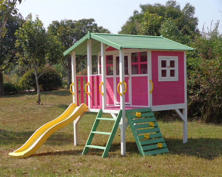 Outdoor children flat pack playhouse cubby with slide Wooden playhouse