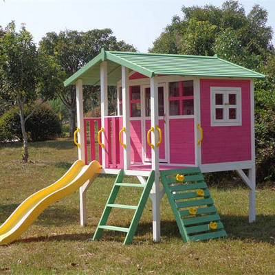 Outdoor children flat pack playhouse cubby with slide Wooden playhouse