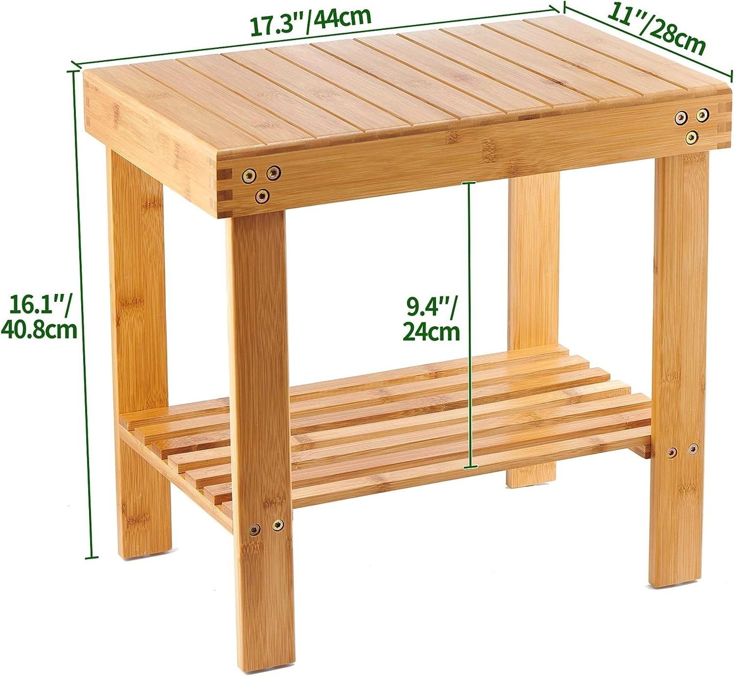 Bamboo Spa Bench Wood Seat Stool Foot Rest Shaving Stool with Non-Slip Feets Storage Shelf for Shampoo Towel