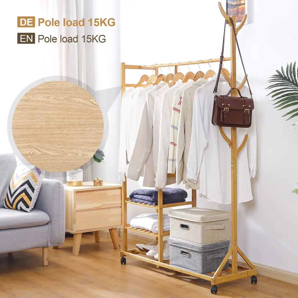 Bamboo Clothes Rails Coat Rack on Wheels Free Standing Garment Hanging Rails with 6 Hooks and 3 Shleves for Dress