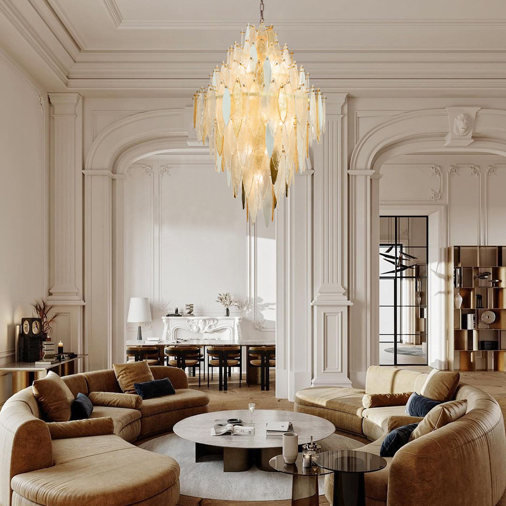 Modern gold fashion pendant lights handleaf glass luxury villa glass chandelier hanging living room staircase chandelier lights