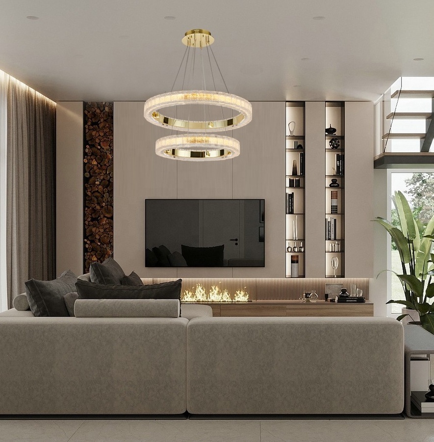 2023 New Modern golden LED crystal glass circle villa pendant lamp Modern gold chandelier