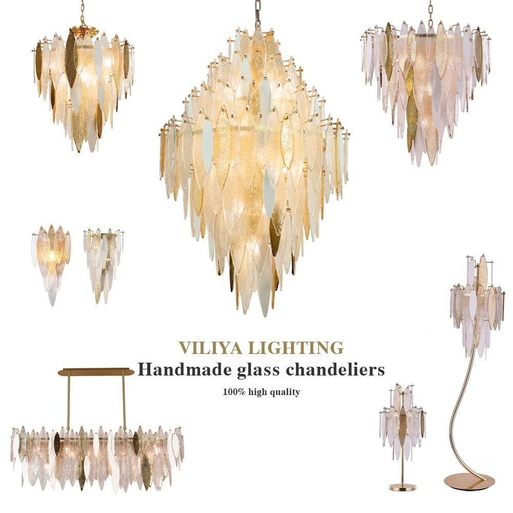 Modern gold fashion pendant lights handleaf glass luxury villa glass chandelier hanging living room staircase chandelier lights