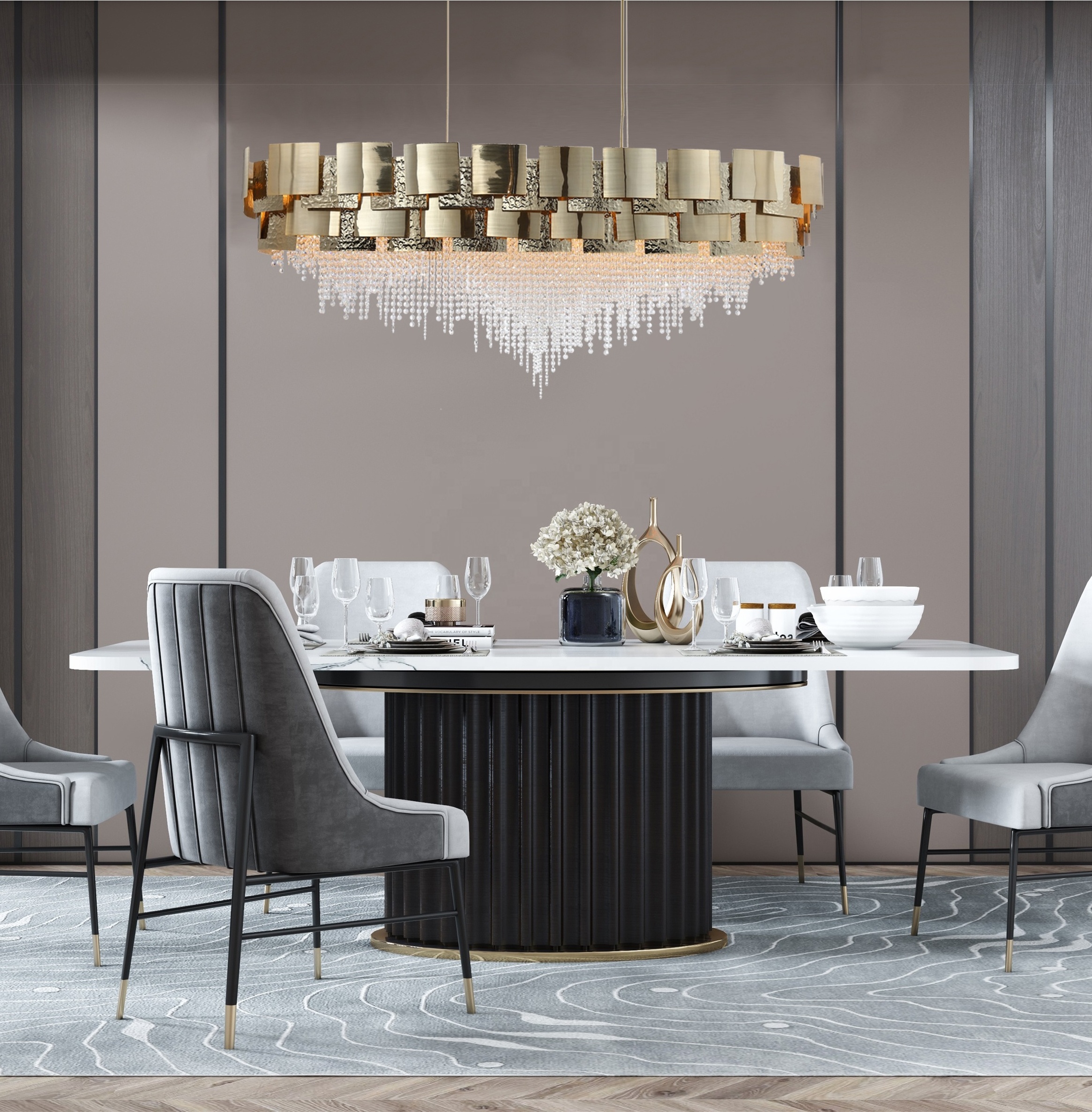 Modern luxury crystal lamp copper oval villa dining room Brass chandelier light