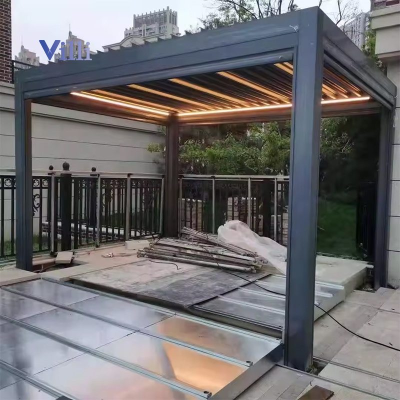 Motorized Open Close Louvered Roof Bioclimatic Pergola Aluminium Gazebo Outdoor With LED lights