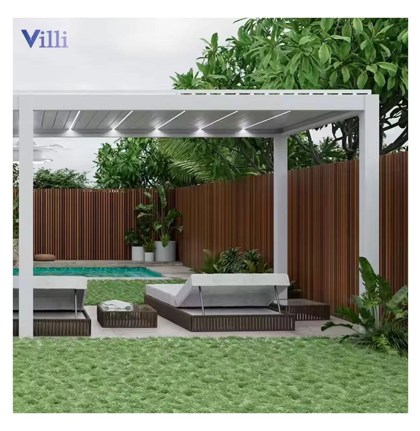 Garden Aluminium Profile Electric Opening Waterproof Patio Pergola Retractable Louvers Closed Roof Gazebo