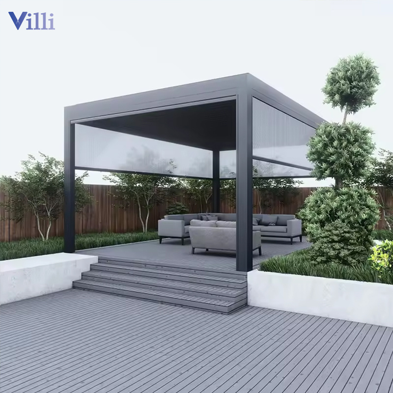 Customized Glass Door Gazebo Modern Patio Outdoor Automatic Aluminum Opening Louvered Roof Pergola