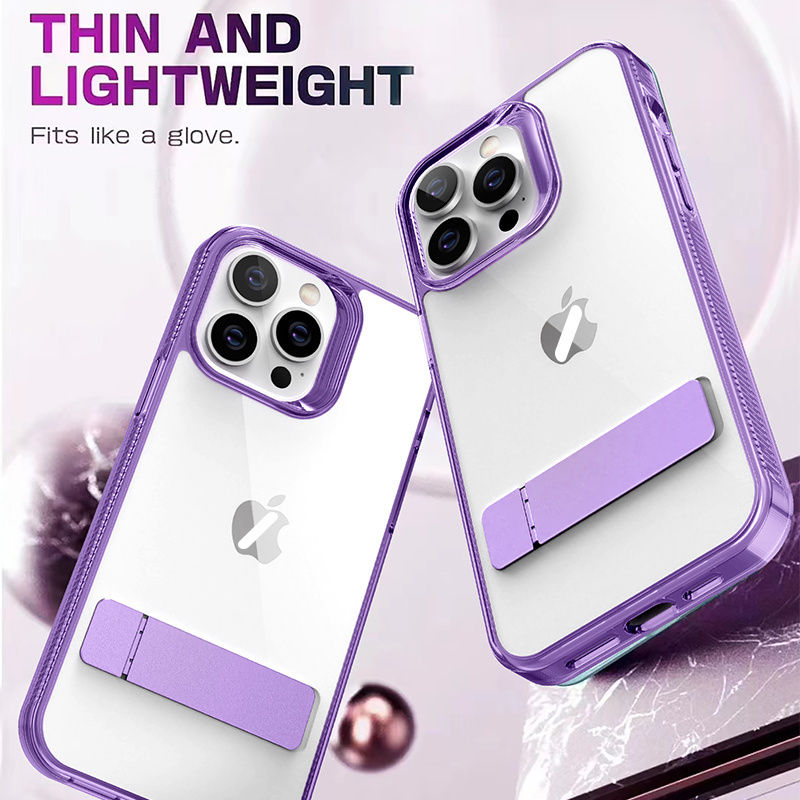 Wholesale TPU PC Phone 14 Pro Max Cover Aluminium Alloy Metal Holder Transparent Phone Case for iPhone 12 13 Pro Max Case