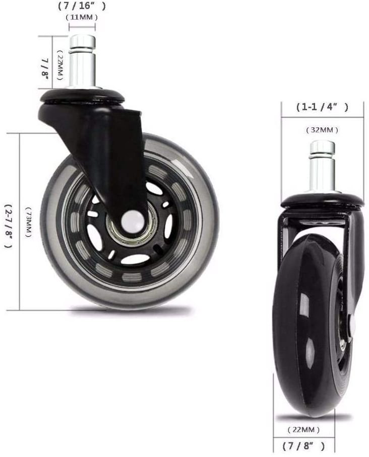 3 Inch Swivel Office Chair Casters for Hardwood Floor and Carpet Heavy Duty Stem PU Polyurethane Castors Furniture Caster Wheels